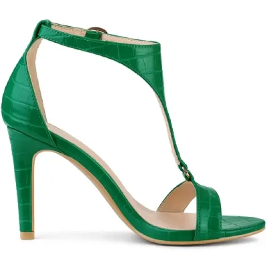 Allegra K Women's T Strap Croc Embossed Stiletto Heel Sandals image {6}