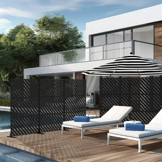 PexFix 72" x 47" Diagonally Parallel Metal Privacy Screen Freestanding Outdoor Divider Panel for Patio Deck Balcony Heavy Duty Base Weatherproof Black image {1}