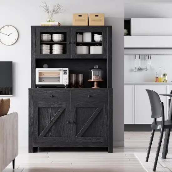 Kitchen Pantry Storage Cabinet with Microwave Stand & Coffee Bar Cabinet,Freestanding Hutch Cabinet with 4Doors image {4}