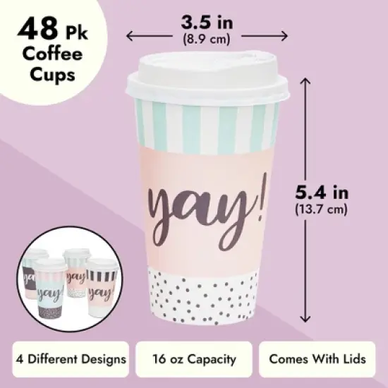 Blue Panda 48 Pack Disposable 16oz Coffee Cups with Lids, 4 Assorted Yay Designs image {3}
