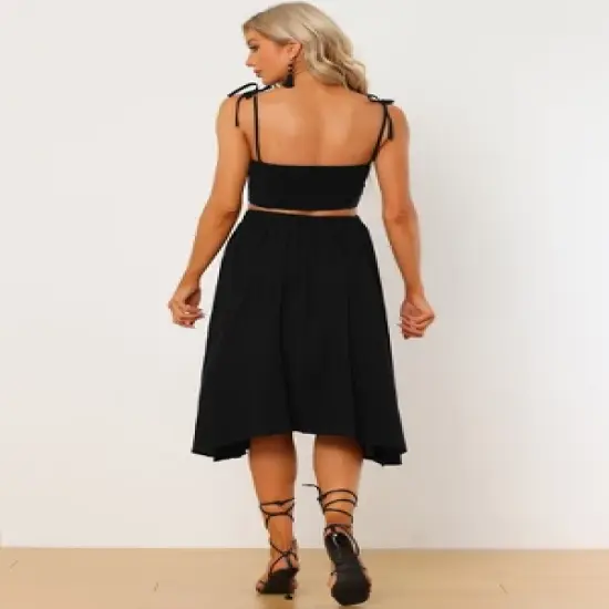 Allegra K Women's Two Pieces Spaghetti Strap Outfits Cami Crop Top Elastic Waist Swing Skirt Sets image {3}