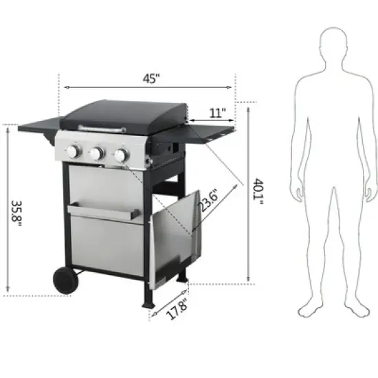 Dolonm 3-Burner Gas Grill 36,900BTU w/SS Plancha & Dual Enamel Grids - Foldable Side Table, 6 Hooks - Space-Saving BBQ image {8}