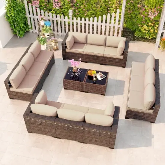 ALAULM 14 Pieces Outdoor Patio Furniture Set Outdoor Sectional Rattan Sofa Set Brown Manual Wicker Patio Conversation Set image {11}