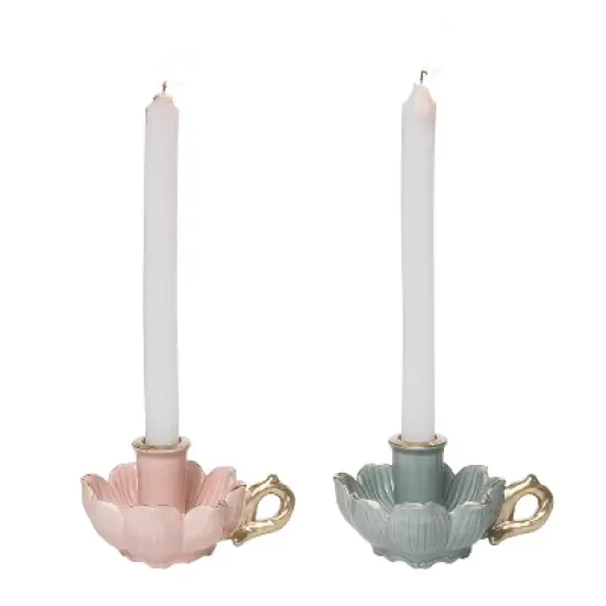 Transpac Stoneware Flower Taper Candle Holder Set of 2 Elegant Home Decor for Everyday Use image {1}