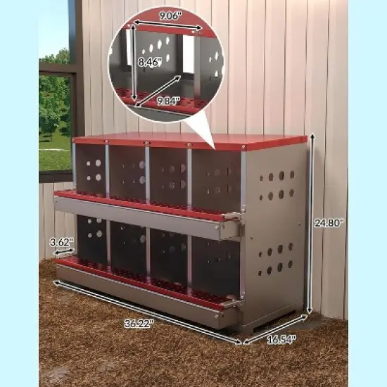 Galvanized Metal 8-Hole Chicken Nesting Box with Egg Tray & Fake Eggs, Rustproof Poultry Laying Box with Perch Rod for Coops image {4}
