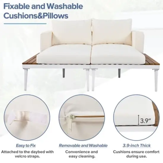 PAGED 2 in 1 Patio Chaise Lounge Padded Daybed witn 2 Lounge Chairs, Cushions, Pillows and Side Table for Garden, Poolside image {2}