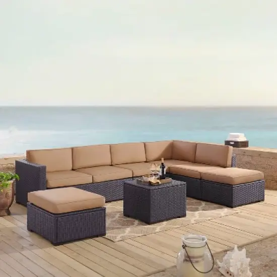 Biscayne 6pc Outdoor Wicker Sectional Set - Mocha - Crosley image {1}