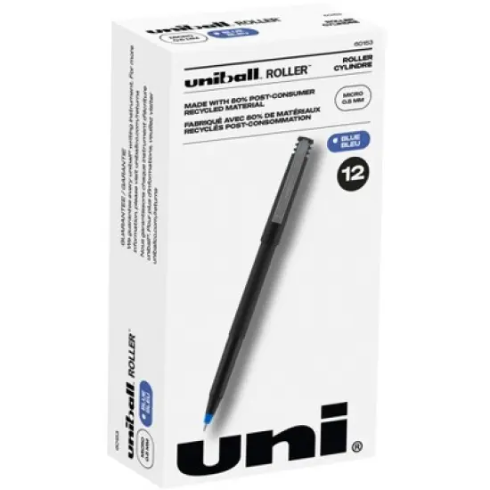 uniball Roller Ball Stick Pens, 0.5 mm Micro Tip, Blue, Pack of 12 image {4}