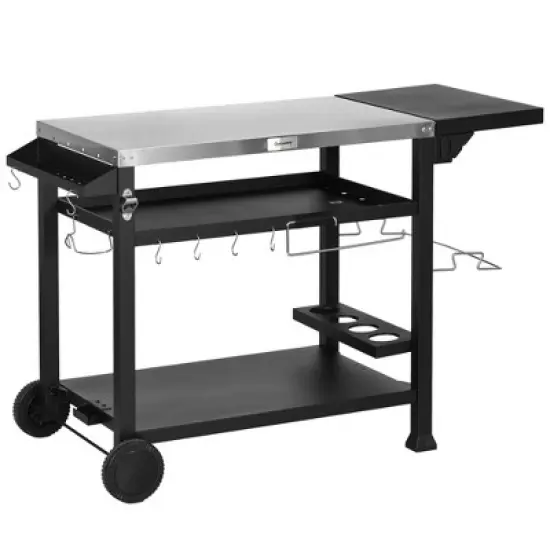DSANE Outdoor Grill Cart with Foldable Side Table,Stainless Steel Pizza Oven Stand with Three-Shelf, Movable Food Prep Table on Wheels, Black image {9}