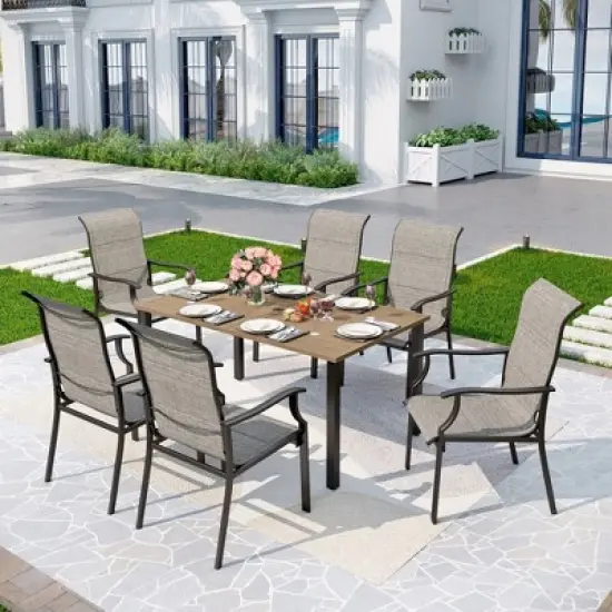 7pc Patio Dining Set with Wood Grain Tabletop & Metal Padded Arm Chairs - Captiva Designs image {12}