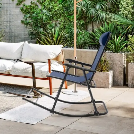 Costway Folding Zero Gravity Rocking Chair Rocker Porch Outdoor Patio Headrest Blue image {1}