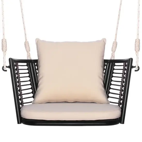 Tangkula Outdoor Metal Porch Swing Single Person Hanging Seat w/ Woven Rattan Backrest Porch Backyard image {9}