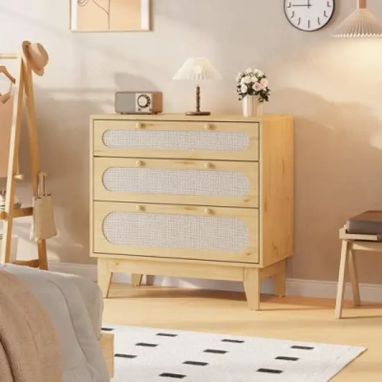 Rattan Nightstand with Drawers, Modern Large Bedside Table Night Stand for Bedroom image {1}