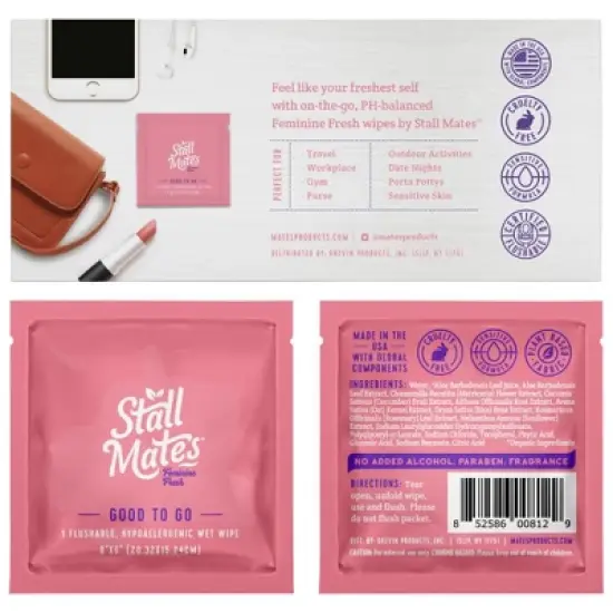 Stall Mates Feminine Fresh: 30 on-the-go flushable wipe singles (PH-Balanced) image {5}