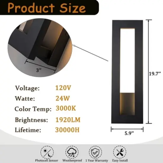 ALOADECOR H20'' Modern Outdoor Integrated LED Wall Light Matte Black  Sconce with Frosted Acrylic Shade Up/Down Wall for Garage  (2 Pack) image {3}