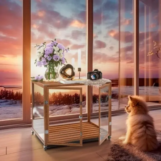 Artloge Modern Extra Large Heavy Duty Dog Crate Tempered Glass Brown Pet Cage with Anti-Rust Aluminum Frame Lockable Casters & Spacious Interior,L image {1}