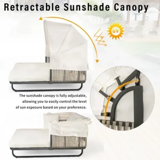 57" Outdoor Patio Rattan Daybed Sunbed with Retractable Canopy and Pillows image {3}
