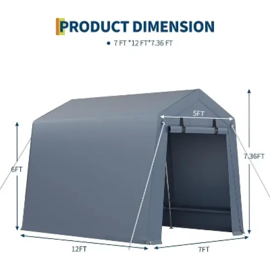 Storage Shed, Portable Carport 7x12FT - Outdoor with Roll-up Zipper Door, Windows, Waterproof Tarp for Motorcycle, Bike, Garden Tools image {4}