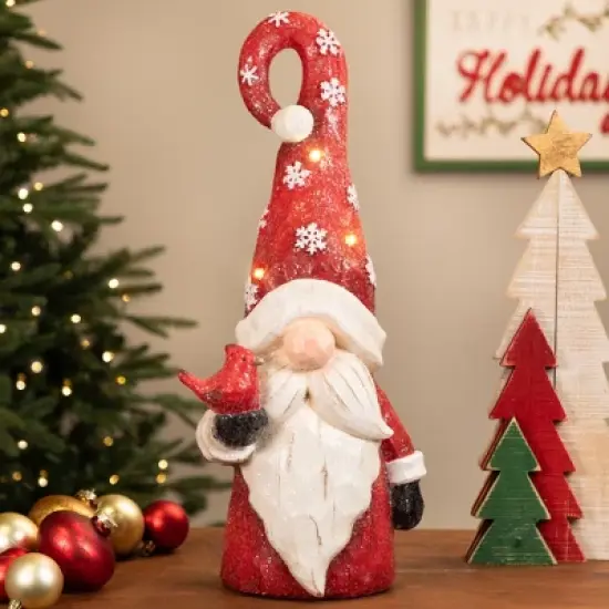 Northlight Gnome in Lighted Hat Holding Cardinal Christmas Decoration - 20" - LED Warm White Lights image {1}