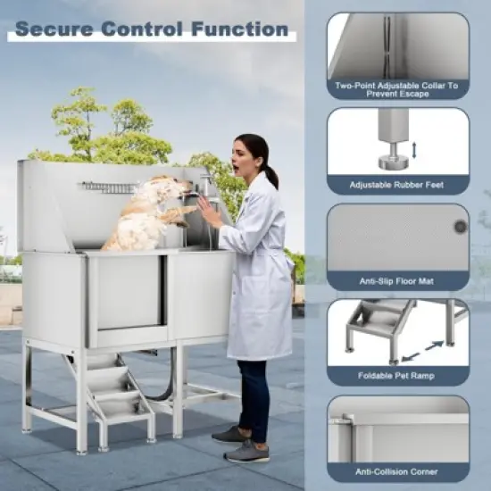 Pet Bath Tub - 50'' Professional Stainless Steel with Retractable Stairs, Faucet/Showerhead, Washing Gloves, for Large/Medium/Small Pets image {6}