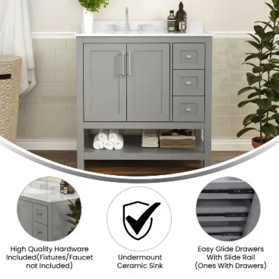 Emma and Oliver Bathroom Vanity, Single Sink Cabinet with 2 Soft Close Doors, Open Shelf and 3 Drawers, Carrara Marble Finish Countertop image {6}