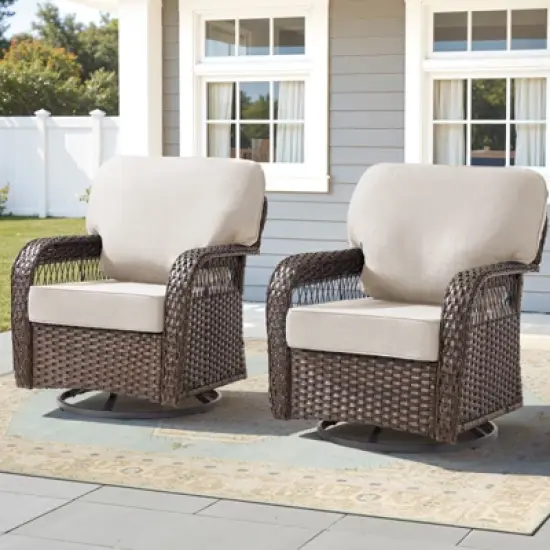 Buenhomino Outdoor Patio Wicker Swivel Rocking Chairs Set of 2, Beige Cushions image {12}