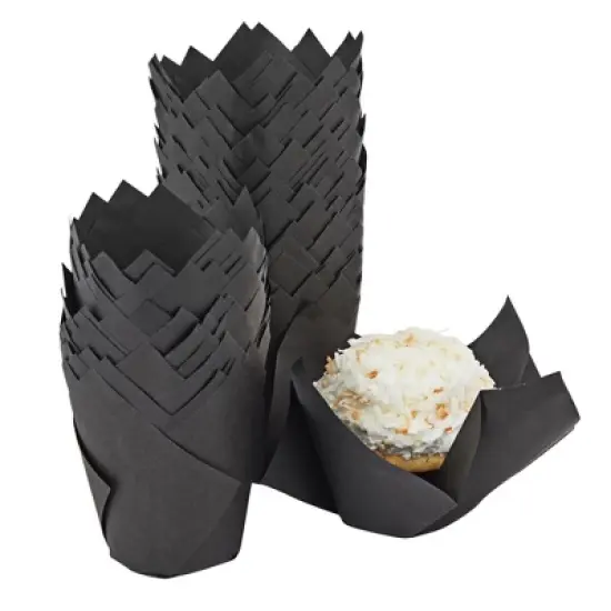 Juvale 100-Piece Black Tulip Cupcake Liners, 2 x 3.5 Inches, Black Cupcake Liners for Halloween Parties & Wedding Receptions image {4}
