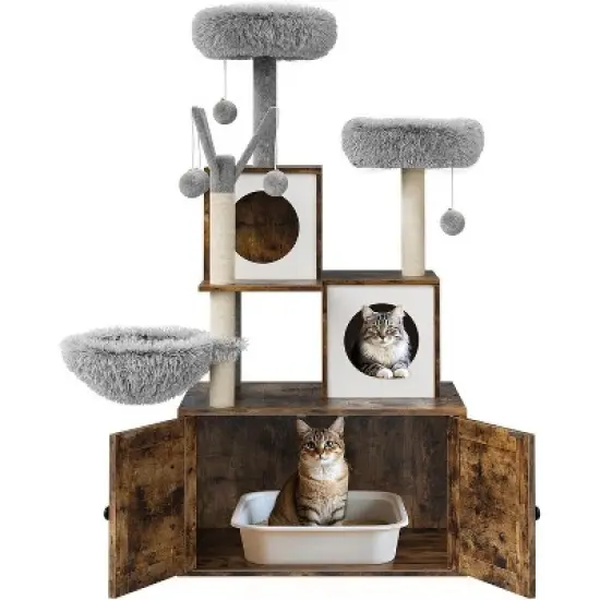 Hidden Litter Box Enclosure with Large Cat Tree 57.5 Inch 2-in-1 Modern Multi-Level Pussy Tower Condo Toilet Furniture image {7}