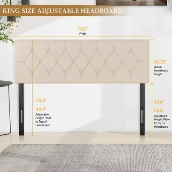 VECELO Tufted Upholstered Queen/King Size Headboard, 6 Adjustable Height, Easy Assembly, Beige/Black image {2}