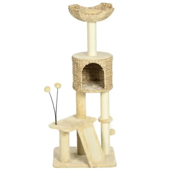 PawHut Scratching Posts Include 45" Cat Tree for Indoor Cats with Ramp, Condo, Toy Balls, Platforms, Bed Cat Tower, Beige image {3}