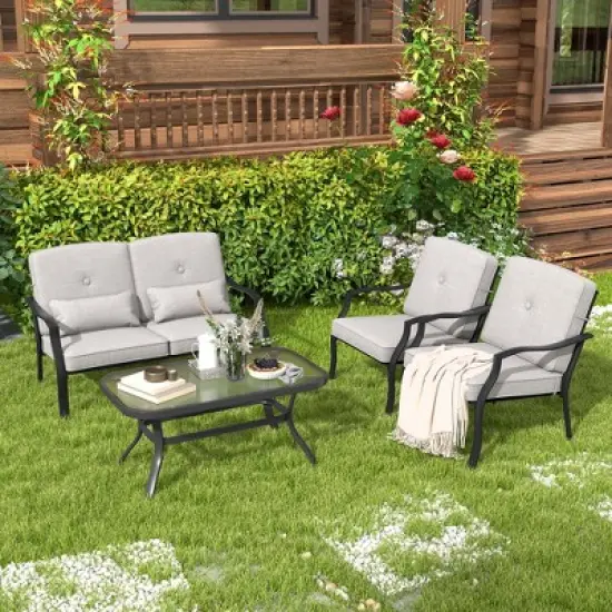 Costway 2 PCS Patio Furniture Set Outdoor Loveseat Chair Coffee Table Cushioned Seat image {1}