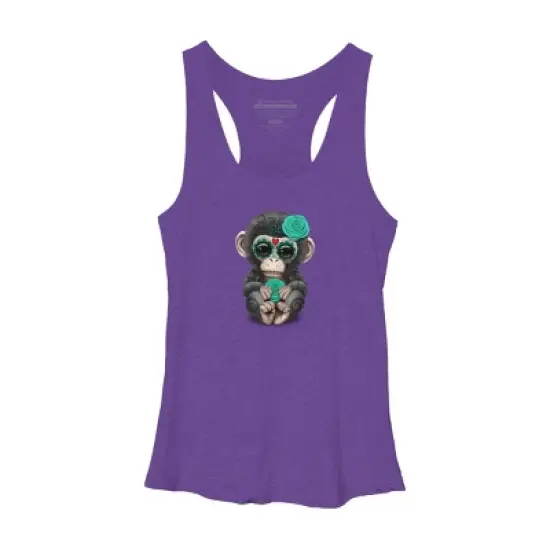 Women's Design By Humans Blue Day of the Dead Sugar Skull Baby Chimp By jeffbartels Racerback Tank Top image {6}