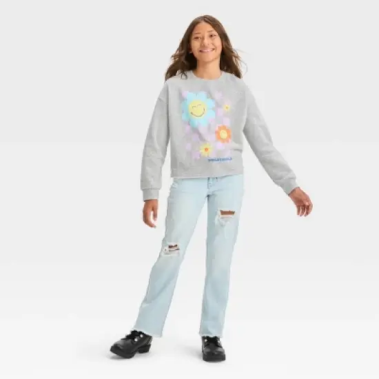 Girls' Cropped 'Smiley World' Sweatshirt - art class&trade; Heather Gray image {2}