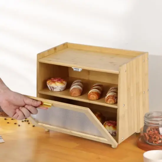 Bread Box, Double Layer Bamboo Kitchen Countertop Storage - Farmhouse Container with Window, Large Capacity for Bread, Rolls (Natural & Gold) image {1}