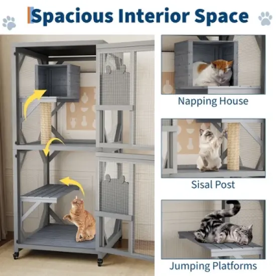 Large Wooden Cat Cage with Window and Roof,Outdoor Cat Enclosure,Multi-Level Cat House with 4 Platforms ,Cattery with Bridge and Scratching Post image {3}