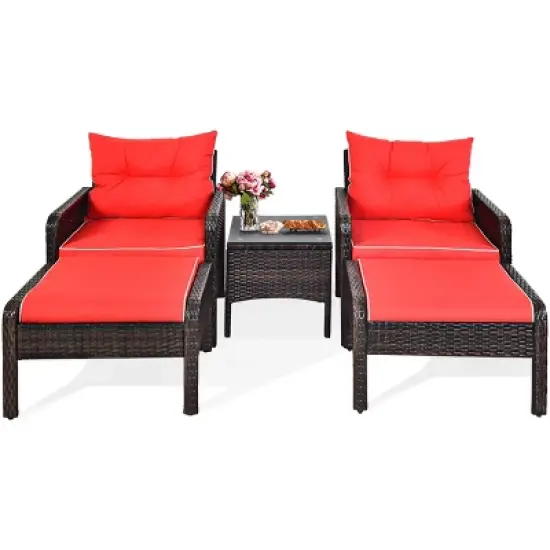 Tangkula 5-Piece Patio Rattan Conversation Set Cushioned Sofas and Ottoman Set with Table image {11}