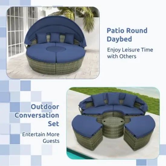 Costway Patio Rattan Daybed Outdoor Sectional Seating with Side Table & Retractable Canopy image {6}