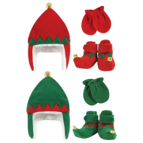 Hudson Baby 6Pc Trapper Hat, Mitten and Bootie Set, Red Elf Green Elf image {3}