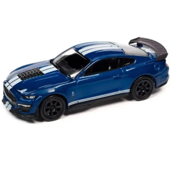 2021 Shelby GT500 Carbon Fiber Track Pack Velocity Blue w/White Stripes Ltd Ed 1/64 Diecast Model Car by Auto World image {1}