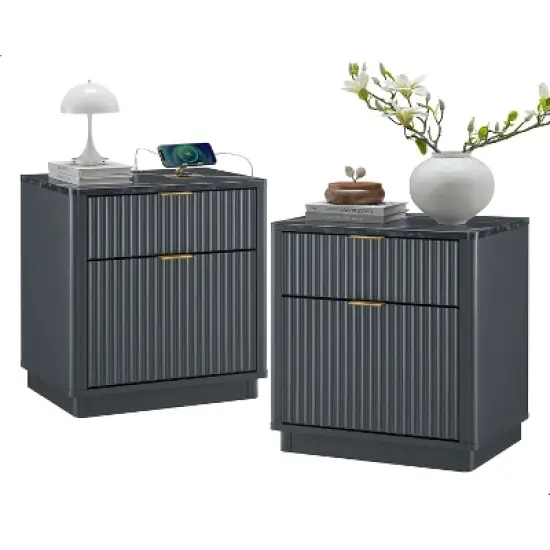 SinCiDo Modern 23" Fluted Nightstands Set of 2 with Charging Station, 2 Storage Drawers Bedside Tables for Bedroom, Living Room image {7}
