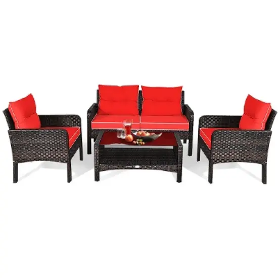 Tangkula 4 Piece Patio Conversation Set Rattan Wicker Loveseat Sofa Coffee Table & Glass Top Red/Turquoise Cushions image {8}