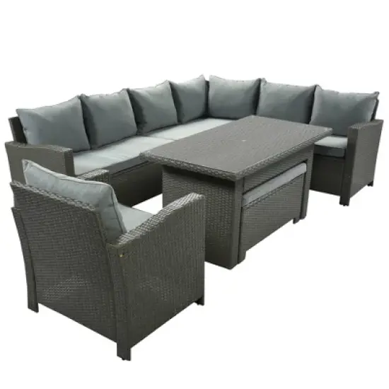 6pc Outdoor Set with Loveseats, Sofa, Chair, Bench & Coffee Table - Gray - GODEER image {3}