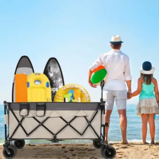 FURNIinspire Outdoor Serving Carts Heavy Duty Foldable Utility Wagon 480lbs Capacity Patented Ultra-Stable Frame, Khaki, 50.39"*25.98"*44.88" image {1}