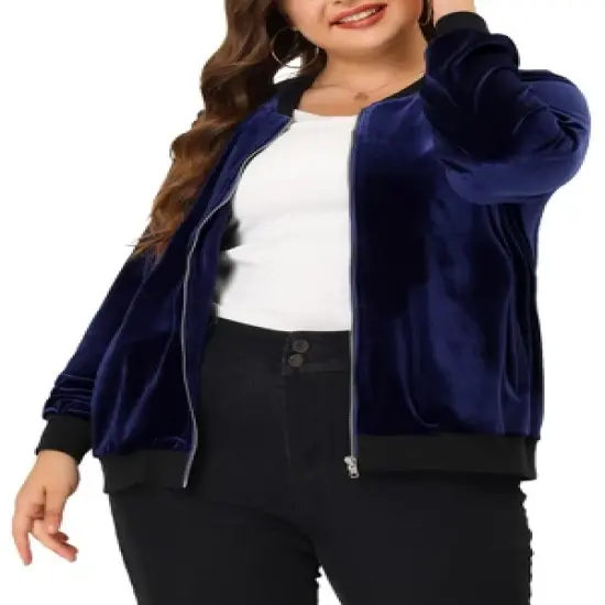 Agnes Orinda Women's Plus Size Velvet Zipper Slant Pocket Long Sleeve Casual Jackets image {5}