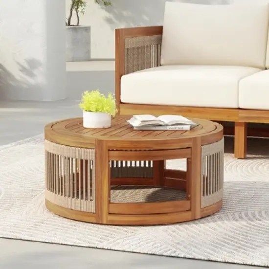 ORRD 27.95" Acacia Wood Outdoor Coffee Table - Handwoven Rope Boho Patio Table image {6}