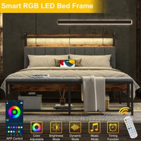 VECELO Full/Queen Upholstered Bed Frame with Storage End of Bed Bench, Platform Bed with Headboard & Charging Station, LED Lights, Gray image {7}