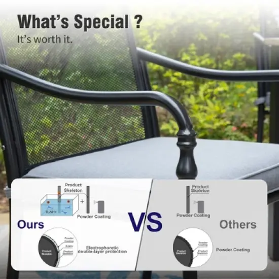 Captiva Designs 9pc Spacious Slat-top Rectangle Metal Table with Umbrella Hole & Fixed Steel Chairs with Gourd Head Armrests image {14}