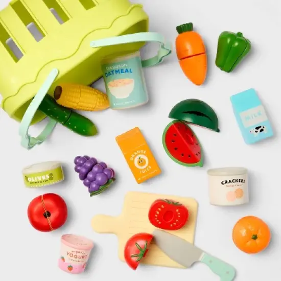 Grocery Basket with Play Food- 18 Piece - Gigglescape&trade;: Plastic, Ages 2+, Includes Play Fruit & Vegetables image {2}