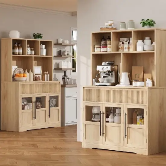 60'' Kitchen Pantry Cabinet, Tall Pantry Storage Cabinet with Microwave Stand, Farmhouse Kitchen Hutch with Storage Drawers image {5}