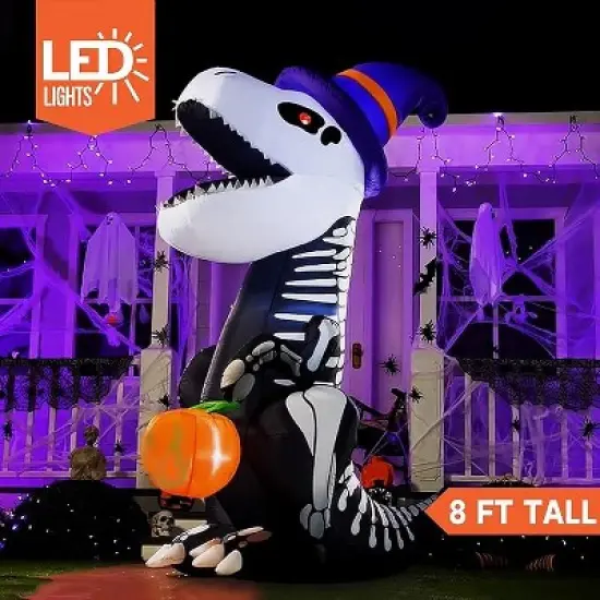 Joyfy 8 FT Halloween Inflatable Outdoor Decorations, Inflatable Skeleton Dinosaur with Pumpkin for Halloween Outdoor Yard Garden Lawn Decorations image {2}
